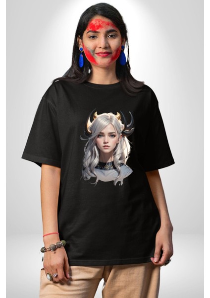Koç Kadın Savaşcı Pamuklu Bisiklet Yaka Kadın Erkek Oversize Boyfriend Dijital Baskılı Siyah T-Shirt indirimleri