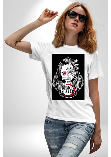 Anime Demon Slayer Kadın Erkek Unisex Beyaz Organik Baskılı T-Shirt Penye Yüksek Kalite modelleri