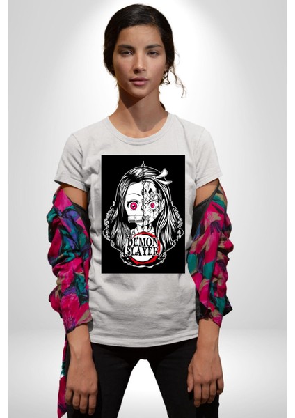 Anime Demon Slayer Kadın Erkek Unisex Beyaz Organik Baskılı T-Shirt Penye Yüksek Kalite indirimleri