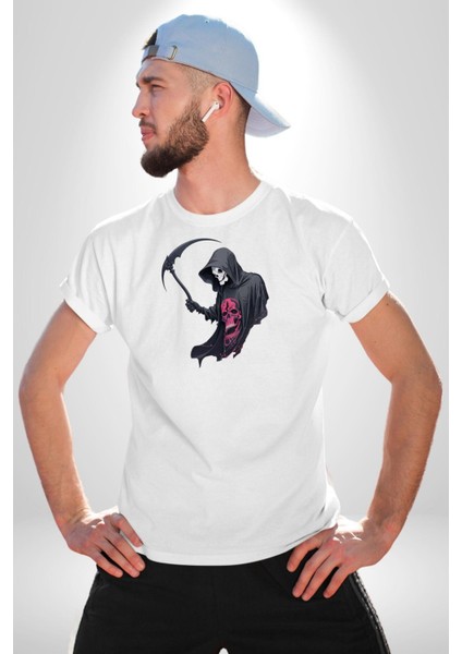 Azrail Kurukafa Ölüm Kadın Erkek Unisex Beyaz Organik Baskılı T-Shirt Penye Yüksek Kalite