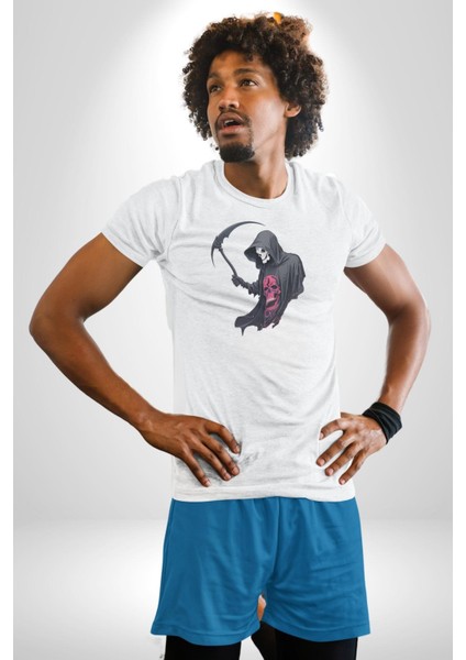 Azrail Kurukafa Ölüm Kadın Erkek Unisex Beyaz Organik Baskılı T-Shirt Penye Yüksek Kalite fiyatları