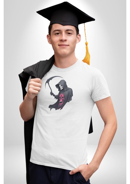 Azrail Kurukafa Ölüm Kadın Erkek Unisex Beyaz Organik Baskılı T-Shirt Penye Yüksek Kalite indirimleri