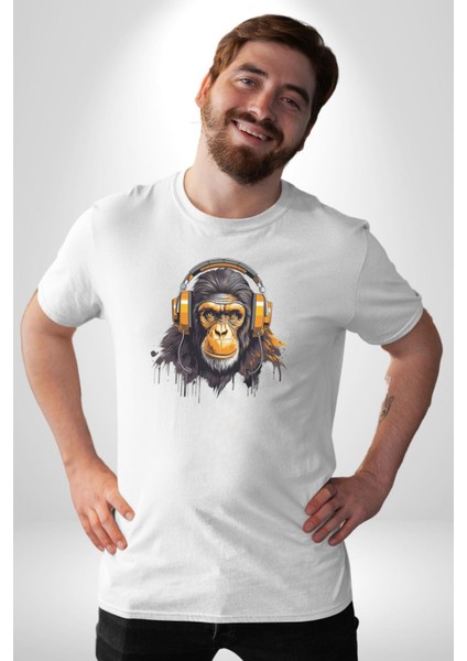 Maymun Altın Kulaklık Müzik Kadın Erkek Unisex Beyaz Organik Baskılı T-Shirt Penye Yüksek Kalite
