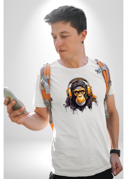 Maymun Altın Kulaklık Müzik Kadın Erkek Unisex Beyaz Organik Baskılı T-Shirt Penye Yüksek Kalite