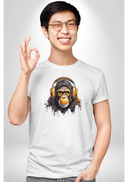 Maymun Altın Kulaklık Müzik Kadın Erkek Unisex Beyaz Organik Baskılı T-Shirt Penye Yüksek Kalite