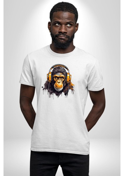Maymun Altın Kulaklık Müzik Kadın Erkek Unisex Beyaz Organik Baskılı T-Shirt Penye Yüksek Kalite