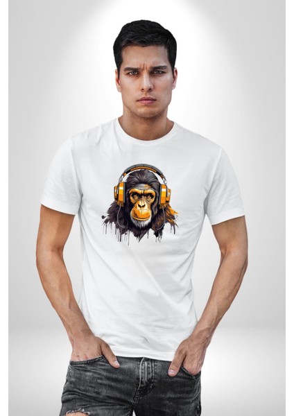Maymun Altın Kulaklık Müzik Kadın Erkek Unisex Beyaz Organik Baskılı T-Shirt Penye Yüksek Kalite
