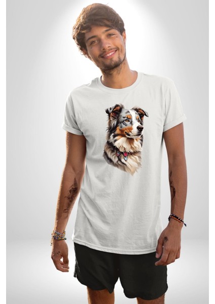 Australian Shepherd Köpek Kadın Erkek Unisex Beyaz Organik Baskılı T-Shirt Penye Yüksek Kalite