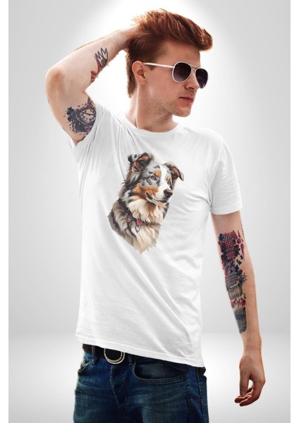 Australian Shepherd Köpek Kadın Erkek Unisex Beyaz Organik Baskılı T-Shirt Penye Yüksek Kalite fiyatları