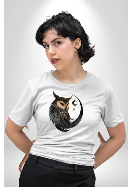 Ay Yıldız Bakır Renk Baykuş Kadın Erkek Unisex Beyaz Organik Baskılı T-Shirt Penye Yüksek Kalite