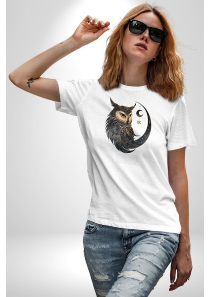 Ay Yıldız Bakır Renk Baykuş Kadın Erkek Unisex Beyaz Organik Baskılı T-Shirt Penye Yüksek Kalite modelleri