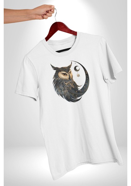 Ay Yıldız Bakır Renk Baykuş Kadın Erkek Unisex Beyaz Organik Baskılı T-Shirt Penye Yüksek Kalite fırsatları