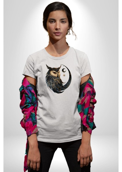 Ay Yıldız Bakır Renk Baykuş Kadın Erkek Unisex Beyaz Organik Baskılı T-Shirt Penye Yüksek Kalite indirimleri