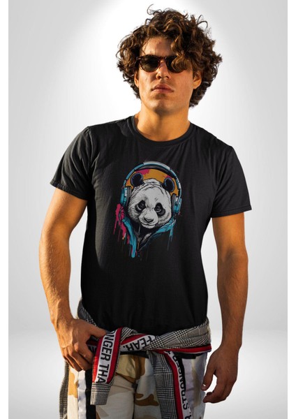 Kulaklık Ayı Panda Kadın Erkek Unisex Siyah Organik Baskılı T-Shirt Penye Yüksek Kalite
