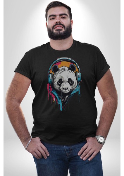 Kulaklık Ayı Panda Kadın Erkek Unisex Siyah Organik Baskılı T-Shirt Penye Yüksek Kalite modelleri