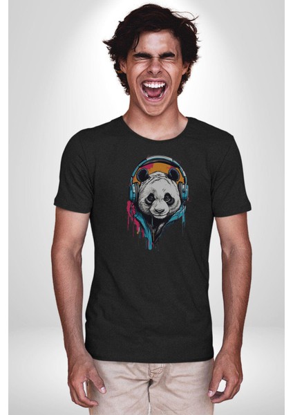 Kulaklık Ayı Panda Kadın Erkek Unisex Siyah Organik Baskılı T-Shirt Penye Yüksek Kalite fırsatları