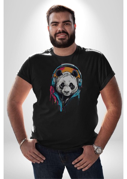 Kulaklık Ayı Panda Kadın Erkek Unisex Siyah Organik Baskılı T-Shirt Penye Yüksek Kalite indirimleri