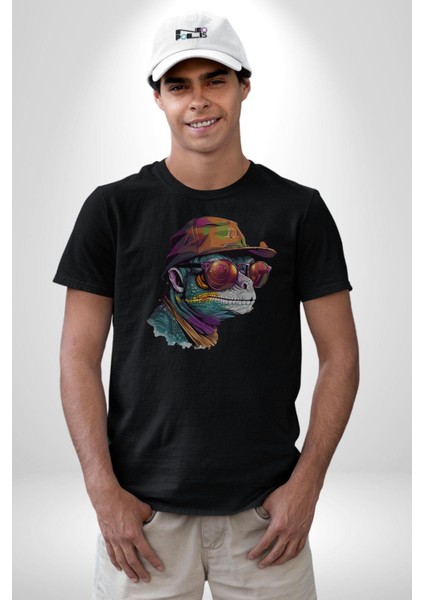 Gözlük Şapka Mukalemun Kadın Erkek Unisex Siyah Organik Baskılı T-Shirt Penye Yüksek Kalite