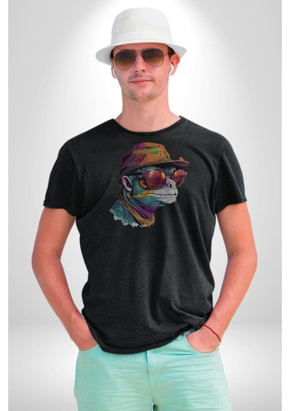 Gözlük Şapka Mukalemun Kadın Erkek Unisex Siyah Organik Baskılı T-Shirt Penye Yüksek Kalite fiyatları