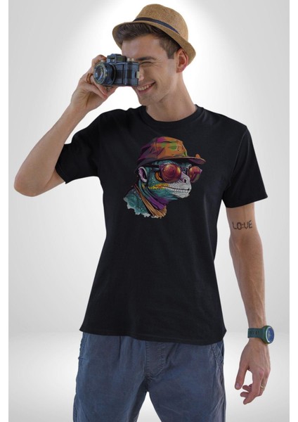 Gözlük Şapka Mukalemun Kadın Erkek Unisex Siyah Organik Baskılı T-Shirt Penye Yüksek Kalite modelleri