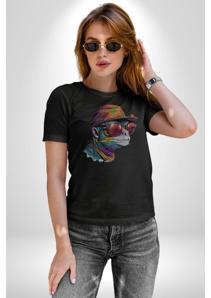 Gözlük Şapka Mukalemun Kadın Erkek Unisex Siyah Organik Baskılı T-Shirt Penye Yüksek Kalite indirimleri