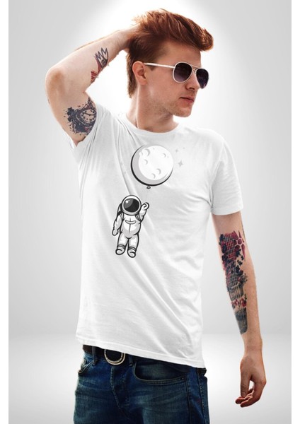 Astronot Ay Balon Kadın Erkek Unisex Beyaz Organik Baskılı T-Shirt Penye Yüksek Kalite