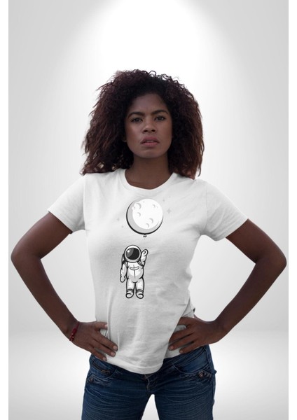 Astronot Ay Balon Kadın Erkek Unisex Beyaz Organik Baskılı T-Shirt Penye Yüksek Kalite fiyatları