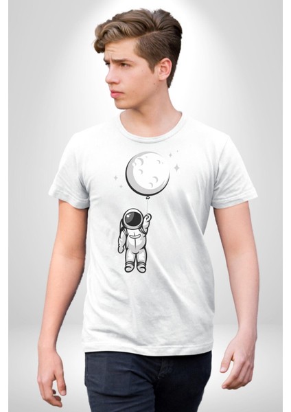 Astronot Ay Balon Kadın Erkek Unisex Beyaz Organik Baskılı T-Shirt Penye Yüksek Kalite modelleri