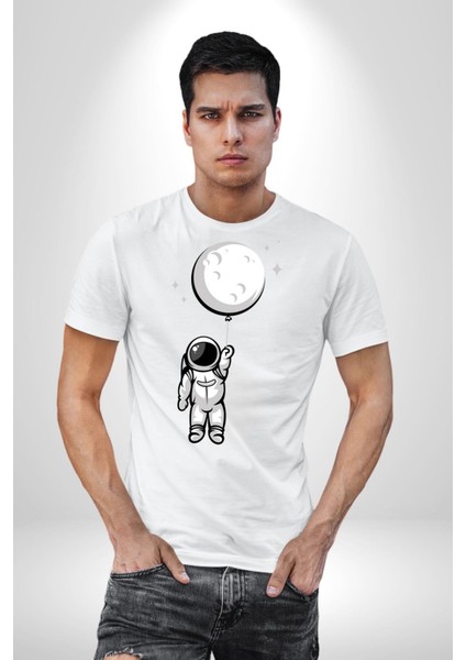 Astronot Ay Balon Kadın Erkek Unisex Beyaz Organik Baskılı T-Shirt Penye Yüksek Kalite fırsatları