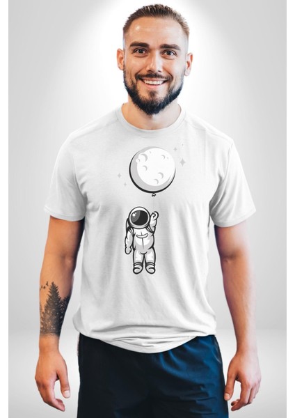 Astronot Ay Balon Kadın Erkek Unisex Beyaz Organik Baskılı T-Shirt Penye Yüksek Kalite indirimleri