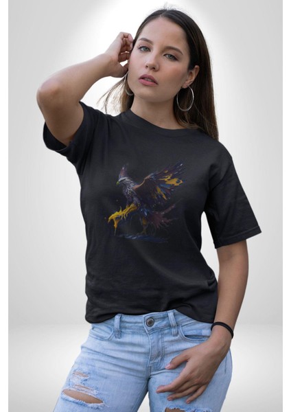 Kara Kartal Sulu Boya Kadın Erkek Unisex Siyah Organik Baskılı T-Shirt Penye Yüksek Kalite fiyatları