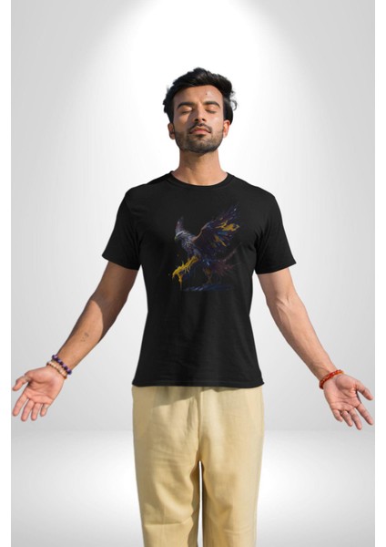 Kara Kartal Sulu Boya Kadın Erkek Unisex Siyah Organik Baskılı T-Shirt Penye Yüksek Kalite modelleri