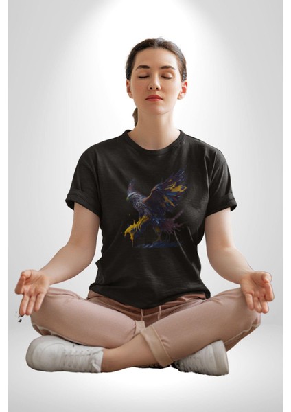 Kara Kartal Sulu Boya Kadın Erkek Unisex Siyah Organik Baskılı T-Shirt Penye Yüksek Kalite indirimleri