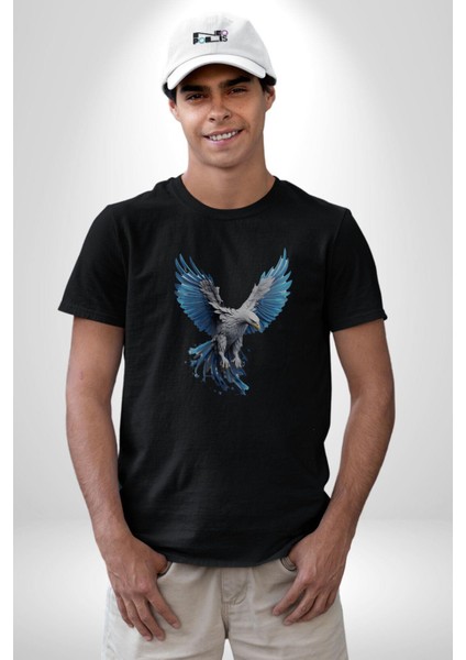 Mavi Siyah Kartal Kuş Kadın Erkek Unisex Siyah Organik Baskılı T-Shirt Penye Yüksek Kalite modelleri