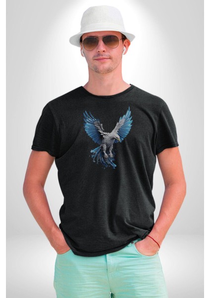 Mavi Siyah Kartal Kuş Kadın Erkek Unisex Siyah Organik Baskılı T-Shirt Penye Yüksek Kalite fırsatları