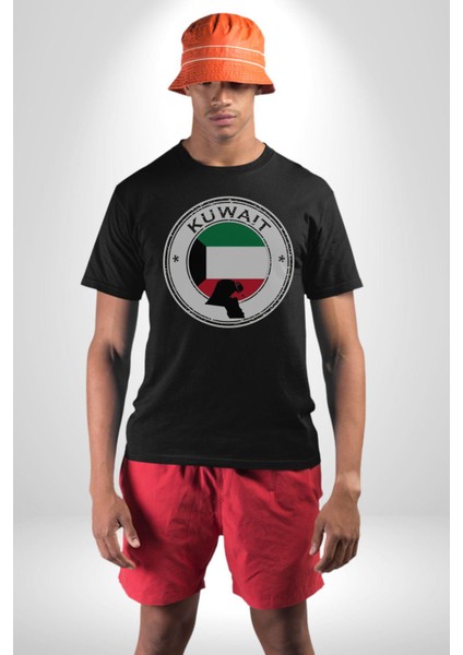 Kuveyt Bayrağı Kadın Erkek Unisex Siyah Organik Baskılı T-Shirt Penye Yüksek Kalite