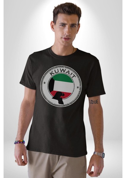 Kuveyt Bayrağı Kadın Erkek Unisex Siyah Organik Baskılı T-Shirt Penye Yüksek Kalite modelleri