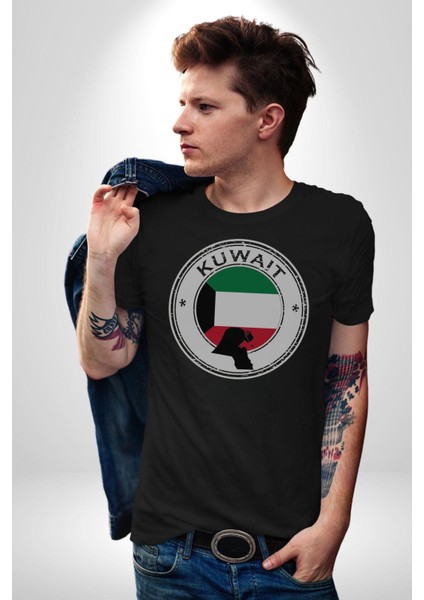 Kuveyt Bayrağı Kadın Erkek Unisex Siyah Organik Baskılı T-Shirt Penye Yüksek Kalite indirimleri