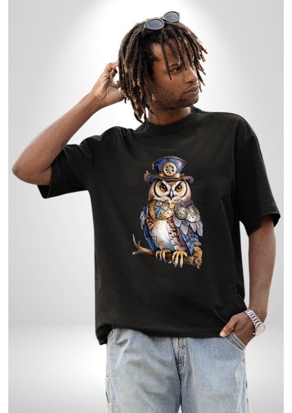 Şapkalı Amerikalı Baykuş Burjuva Baykuş Pamuklu Bisiklet Yaka Kadın Erkek Oversize Boyfriend Dijital Baskılı Siyah T-Shirt