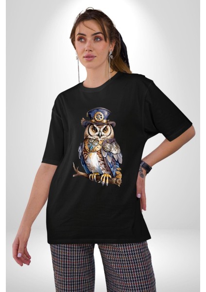 Şapkalı Amerikalı Baykuş Burjuva Baykuş Pamuklu Bisiklet Yaka Kadın Erkek Oversize Boyfriend Dijital Baskılı Siyah T-Shirt fırsatları