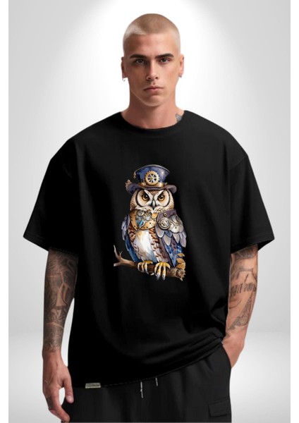 Şapkalı Amerikalı Baykuş Burjuva Baykuş Pamuklu Bisiklet Yaka Kadın Erkek Oversize Boyfriend Dijital Baskılı Siyah T-Shirt indirimleri