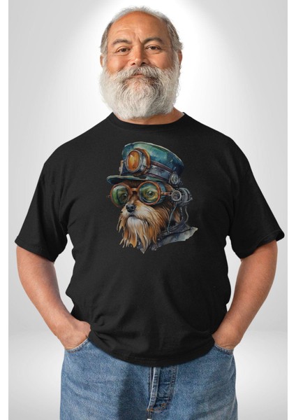 Tren Sürücüsü Gözlüklü Yorkshire Kadın Erkek Unisex Siyah Organik Baskılı T-Shirt Penye Yüksek Kalite fırsatları