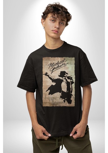 Michael Jackson Pamuklu Bisiklet Yaka Kadın Erkek Oversize Boyfriend Dijital Baskılı Siyah T-Shirt