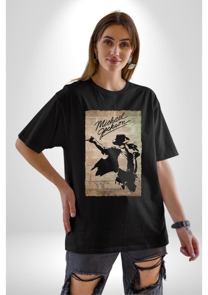 Michael Jackson Pamuklu Bisiklet Yaka Kadın Erkek Oversize Boyfriend Dijital Baskılı Siyah T-Shirt