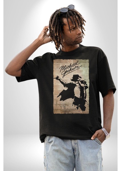 Michael Jackson Pamuklu Bisiklet Yaka Kadın Erkek Oversize Boyfriend Dijital Baskılı Siyah T-Shirt