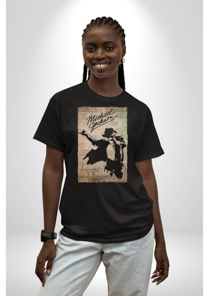 Michael Jackson Pamuklu Bisiklet Yaka Kadın Erkek Oversize Boyfriend Dijital Baskılı Siyah T-Shirt