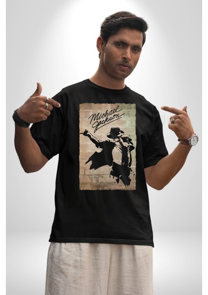 Michael Jackson Pamuklu Bisiklet Yaka Kadın Erkek Oversize Boyfriend Dijital Baskılı Siyah T-Shirt