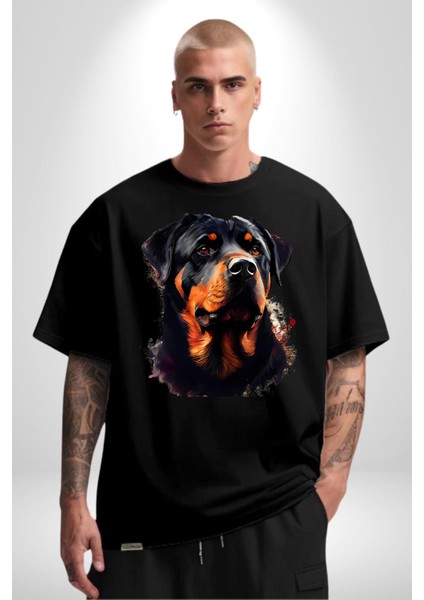 Sulu Boya Rottweiler Pamuklu Bisiklet Yaka Kadın Erkek Oversize Boyfriend Dijital Baskılı Siyah T-Shirt fiyatları