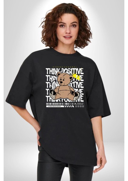 Positive Düşünce Pamuklu Bisiklet Yaka Kadın Erkek Oversize Boyfriend Dijital Baskılı Siyah T-Shirt