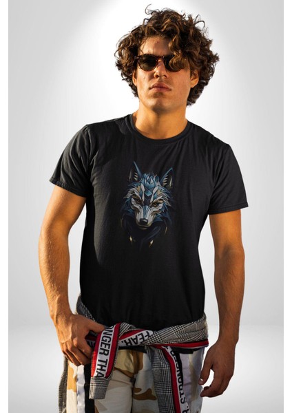 Mavi Kurt Robot Kadın Erkek Unisex Siyah Organik Baskılı T-Shirt Penye Yüksek Kalite